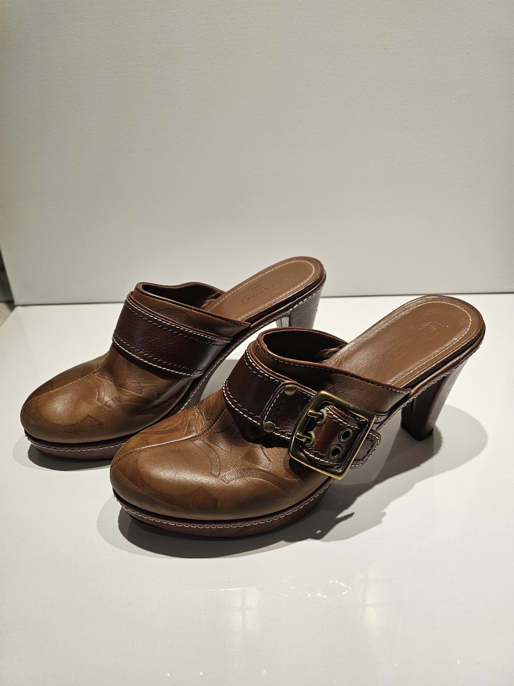Coach Brown Leather Buckle Heel Mules